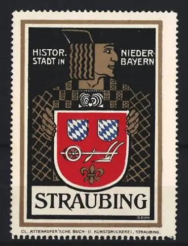 Reklamemarke Straubing, Histor. Stadt in Niederbayern, Wappen mit Pflug