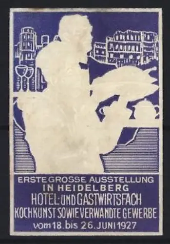 Reklamemarke Heidelberg, Erste grosse Ausstellung Hotel- und Gastwirtsfach 1927, Silhouette eines Kellners