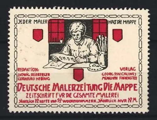 Reklamemarke Deutsche Malerzeitung Die Mappe, Maler mit Pinsel und Palette