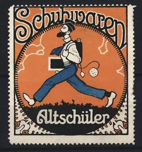 Reklamemarke Schuhwaren Altschüler, Laufender Mann mit Schuhkarton