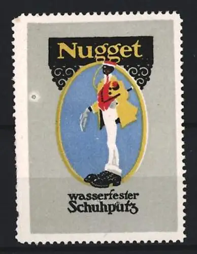 Reklamemarke Nugget, Wasserfester Schuhpütz, Mann mit gelbem Umhang und grossen Schuhen