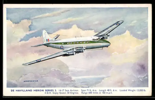 Künstler-AK Passagierflugzeug De Havilland Heron Series 2 im Fluge vor Wolken