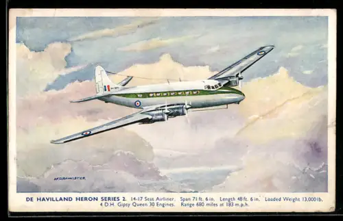 Künstler-AK 4-motoriges Passagierflugzeug De Havilland Heron Series 2 im Fluge durch Wolken