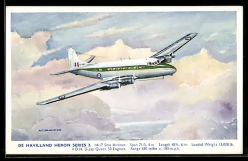 Künstler-AK Passagierflugzeug De Havilland Heron Series 2 im Fluge durch Wolken