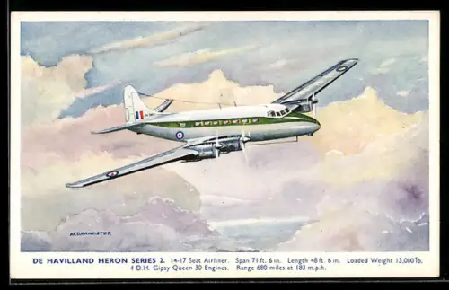 Künstler-AK Passagierflugzeug De Havilland Heron Series 2 im Fluge