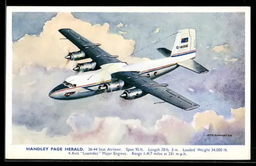 Künstler-AK Flugzeug Handley Page Herald über den Wolken