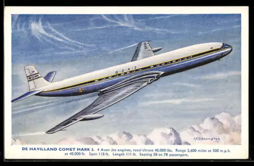 Künstler-AK Flugzeug De Havilland Comet Mark über den Wolken