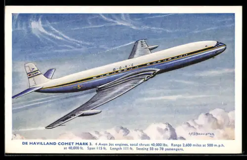 Künstler-AK Flugzeug De Havilland Comet Mark über den Wolken