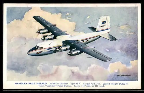 Künstler-AK Flugzeug Handley Page Herald über den Wolken