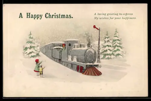 AK Dampflokomotive mit Personenzug in verschneiter Landschaft vor Haltesignal, englische Eisenbahn