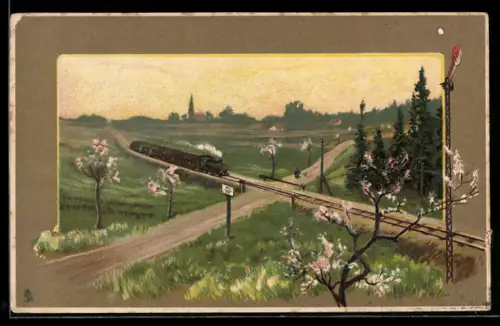 AK Fröhliche Pfingsten, Dampflok, Eisenbahn