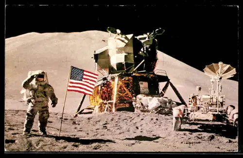 AK Astronaut James Irwin von Apollo 15 salutiert vor der US-amerikanischen Flagge, Raumfahrt