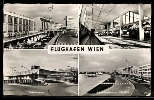 AK Wien, Flughafen, Flughafengebäude mit Kontrollturm, Auffahrtsrampe, Innenansicht Passagierhalle