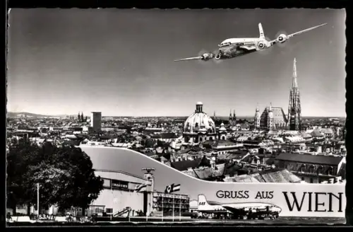 AK Wien, Flughafen Schwechat und Passagierflugzeug über der Stadt
