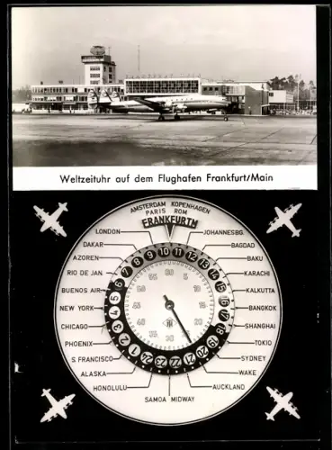 AK Frankfurt am Main, Weltzeituhr auf dem Flughafen mit startbereitem Flugzeug