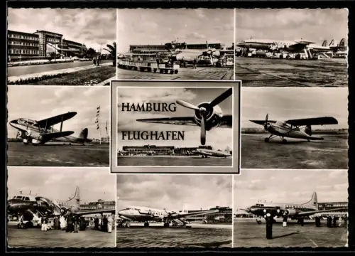 AK Hamburg, Flughafen, Ansicht vom Hauptgebäude und Passagierflugzeuge auf Flugfeld