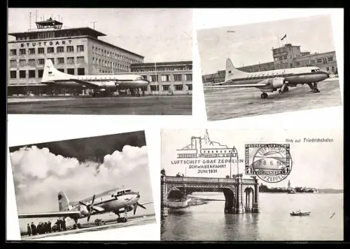 AK Stuttgart, Blick auf das Flughafengebäude mit Lufthansa-Passagierflugzeug auf Flugfeld