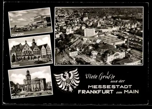 AK Frankfurt a. M., Flughafen mit Passagierflugzeug der Pan American, Messegelände vom Flugzeug aus