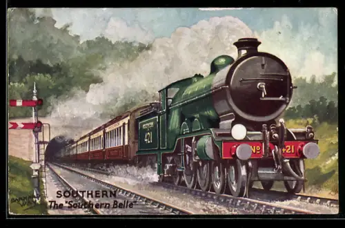 Künstler-AK Personenzug Southern Belle der Southern Railway nach Verlassen von Tunnel, englische Eisenbahn