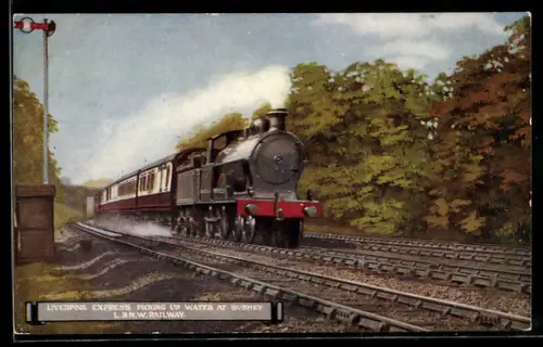 AK Liverpool Express picking up water at Buschey, London & North Western Railway, englische Eisenbahn