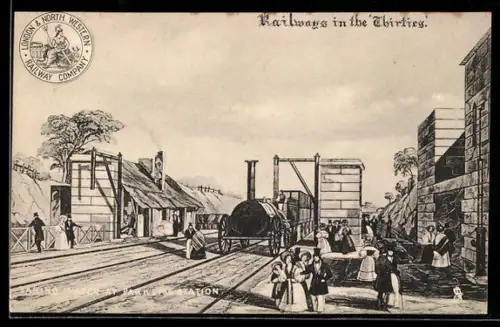 AK Locomotive taking water at the Parkside Station in the 1830ies, englische Eisenbahn