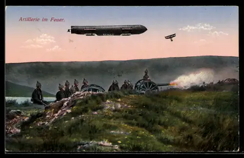 AK Artillerie im Feuer mit Zeppelin am Himmel