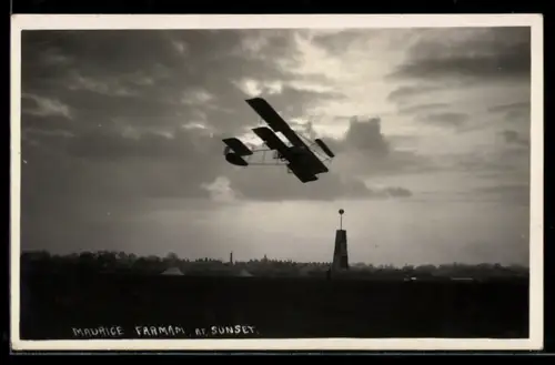 Foto-AK Maurice Farman at sunset, Flugzeug