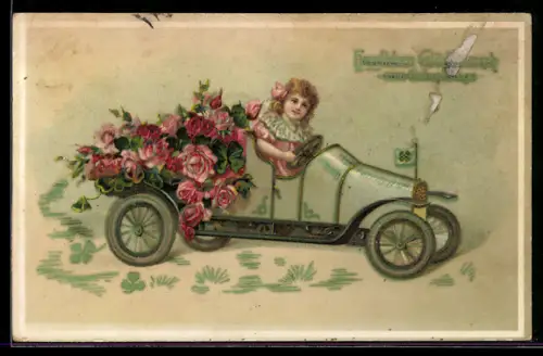 AK Mädchen am Steuer von offenem Wagen mit Rosen im Fonds, Auto