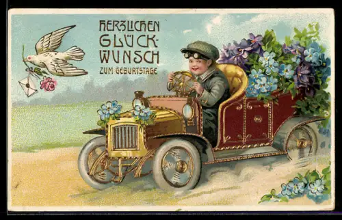 AK Geburtstagsgratulant mit Vergissmeinnicht und Veilchen im Auto