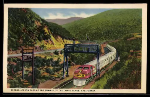 AK Cajon Pass at the summit of the Coast Range, California, with Santa Fe train, Eisenbahn