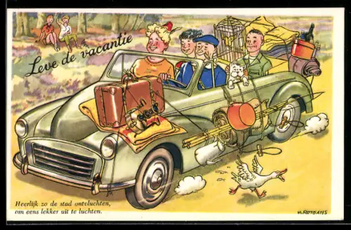 AK Familie fährt mit voll gepacktem Auto in die Ferien