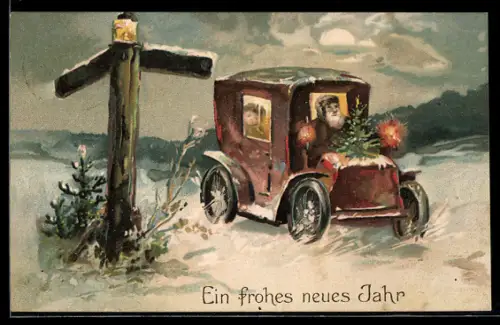 Künstler-AK Auto am Wegweiser im Winter, Neujahrsgruss
