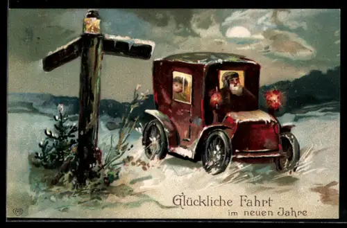 Künstler-AK Auto am Wegweiser im Winter, Neujahrsgruss