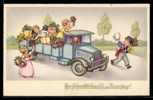 AK Kinder laden Blumen und Geschenke auf einen Lastkraftwagen
