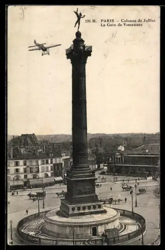 AK Paris, Eindecker-Flugzeug über dem Vincennes Bahnhof und der Juli-Säule