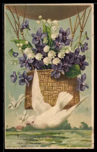 AK Ballonkorb gefüllt mit Veilchen und Maiglöckchen, weisse Tauben