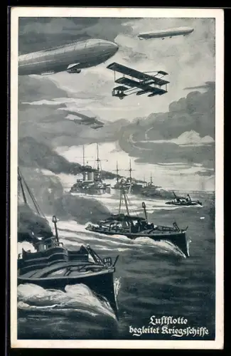 AK Luftflotte, Zeppelin Luftschiffe und Flugzeuge begleiten Kriegsschiffe