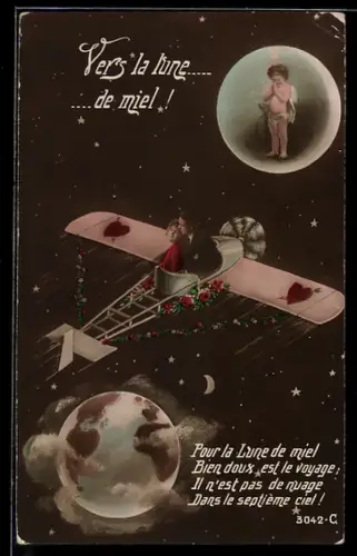 AK Paar fliegt mit Eindecker-Flugzeug von der Erde zum Mond