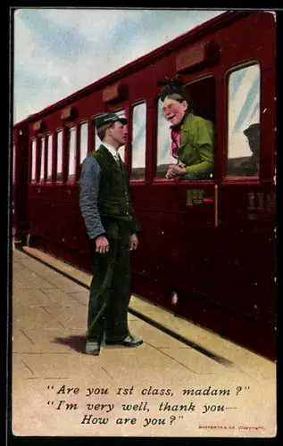 AK Dame im Abteil der 1. Klasse unterhält sich mit Schaffner, englische Eisenbahn