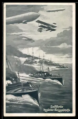 AK Luftflotte, Zeppelin Luftschiffe und Flugzeuge begleiten Kriegsschiffe
