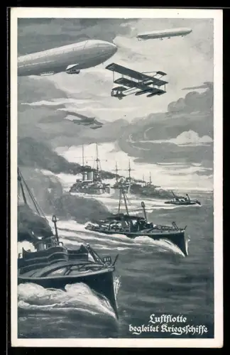 AK Luftflotte, Zeppelin Luftschiffe und Flugzeuge begleiten Kriegsschiffe