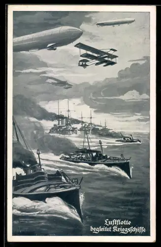 AK Luftflotte, Zeppelin Luftschiffe und Flugzeuge begleiten Kriegsschiffe