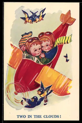 AK Kleiner Junge und Mädchen fliegen gemeinsam in Flugzeug