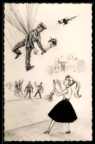 AK Pilot bringt seiner Liebsten einen Blumenstrauss, Jagdflugzeug Lockheed F-104 im Überflug