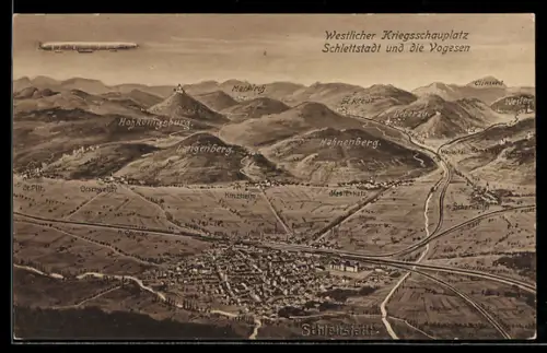 AK Schlettstadt, Ansicht aus der Vogelschau, Zeppelin