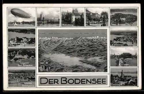 AK Meersburg, Zeppelin & Einzelansichten der Städte am Bodensee