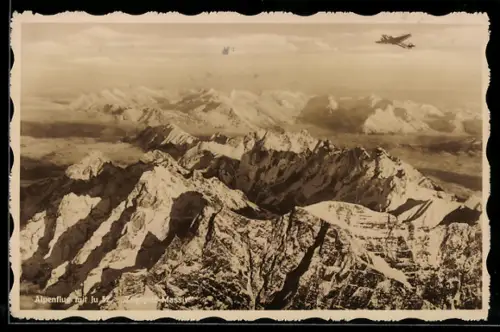 AK Alpenflug mit Junkers Ju-52 über dem Zugspitz-Massiv, Flugzeug