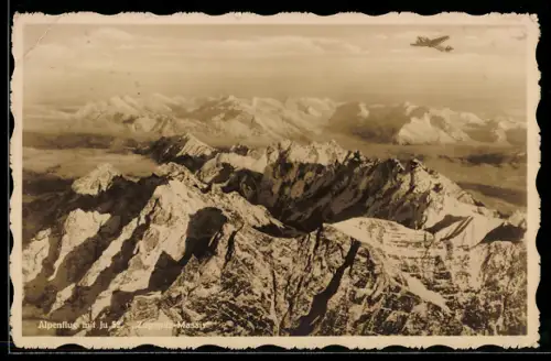AK Alpenflug mit Junkers Ju-52 Flugzeug über dem Zugspitz-Massiv