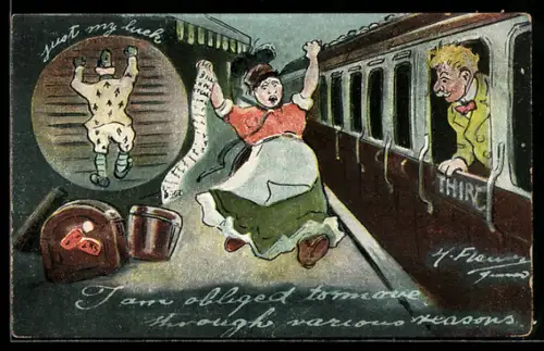 AK Mann fährt mit Personenzug 3. Klasse ab, Wirtin mit Rechnung läuft dem Zug hinterher