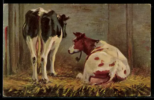 Künstler-AK Kühe im Stall